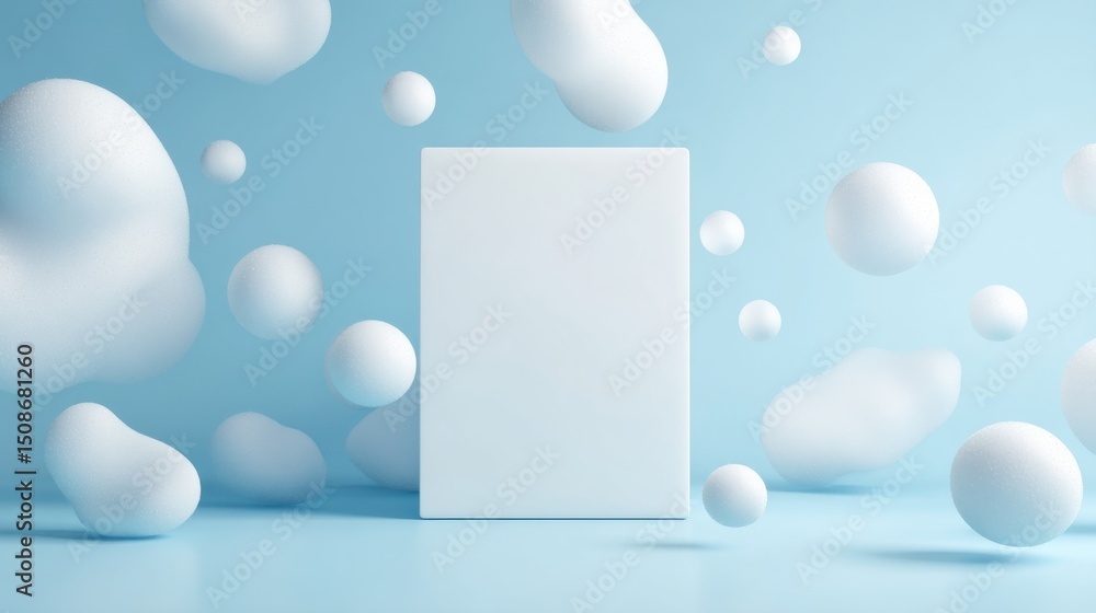 Poster a stunning image of white box mockup surrounded by floating white blobs on a light blue background.