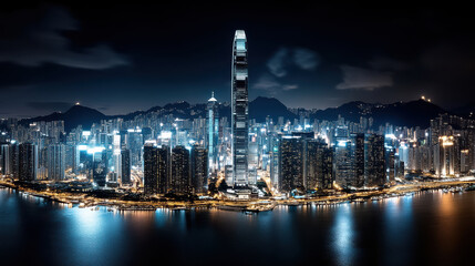 Naklejka premium Aerial view of vibrant city skyline night, showcasing illuminated buildings and reflections