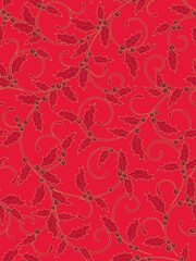Seamless Christmas Holly Leaves With Swirls On Red Background For Gift Wrap And Fabric Print
