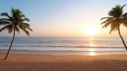 Serene sunset over beach with coconut trees and gentle ocean waves