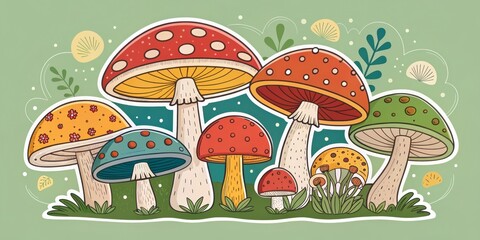 Naklejka premium Colorful Mushroom Illustration on Green Background, whimsical, fungus