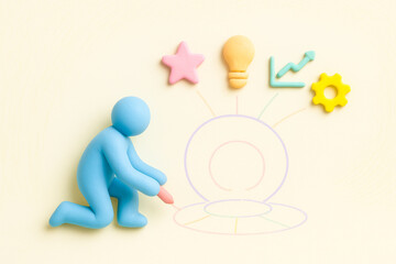 Small blue figure kneeling light background with colorful icons representing ideas and thinking, illustrating innovation and thinking creative way