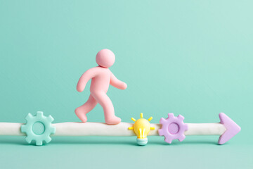 Pink humanoid figure walking along white arrow with gears and light bulb, symbolizing innovation and thinking in progress and development