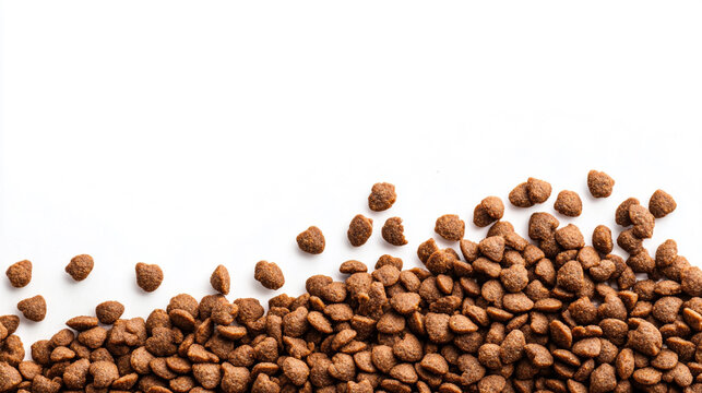 Dry pet food scattered on a white background showing various shapes and sizes