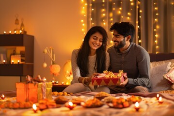 Diwali decoration and preparation - A nuclear Indian family celebrating Diwali colorful background Diwali lights the festive season. An Indian family decorating their home for Deepawali - a Hind