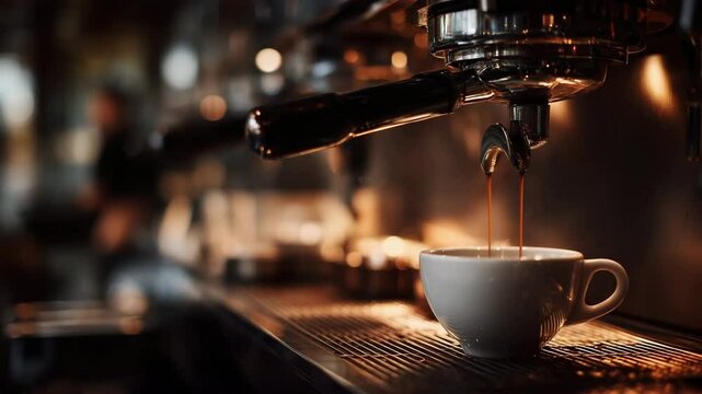 Close-Up of Professional Espresso Machine Brewing Fresh Coffee in a Caf&eacute; Setting