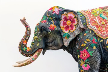 Wide angle, majestically painted elephant, swirling dewali festival colors, echoing Jaipur, Rajasthan, royal India heritage, pure white backdrop, photorealistic details