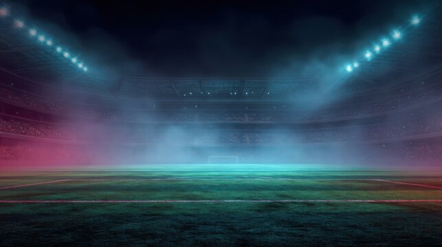 A stunning image of textured soccer game field with neon fog - center, midfield. Empty soccer stadium with spotlight and fan tribune football team. Concept of live sport events.