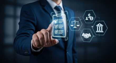 Business Compliance: A professional touches a digital checklist amidst symbols of legal, financial and agreement integrity.