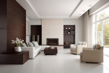 Fototapeta premium Modern living room with neutral color scheme and elegant furniture.