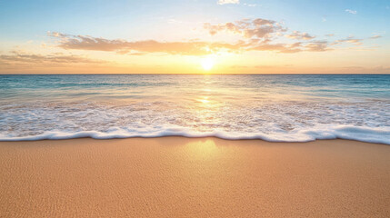 Obraz premium Vibrant sunset sky over ocean, peaceful waves rolling onto sandy shore
