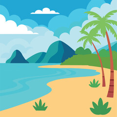 Scenic Tropical Beach with Palm Trees and Blue Ocean
