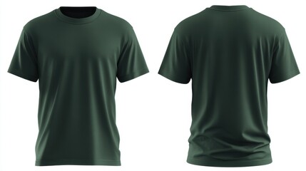 A stunning image of plain dark green t-shirt mockup template, with view, front and back, isolated on white background.