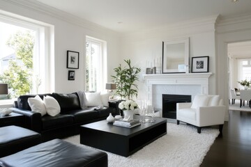 Fototapeta premium A modern living room featuring a black leather couch and white accents.