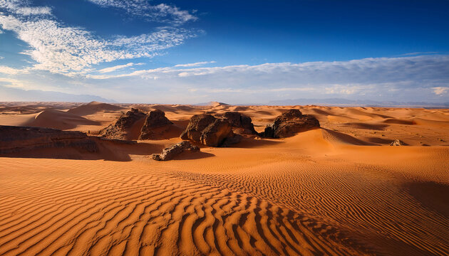 desert landscape with rolling sand dunes and scattered rocks under a blue sky with clouds
