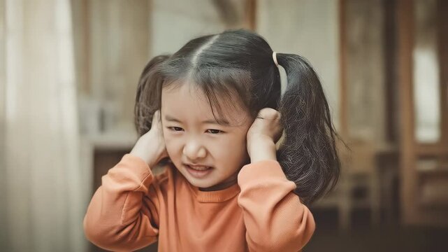 Worried young girl covering her ears indoors with an expression of distress and upset, highlighting frustration and negative emotion.