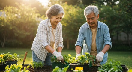 Senior Asian Couple Enjoying Quality Time While Gardening Together Outdoors
