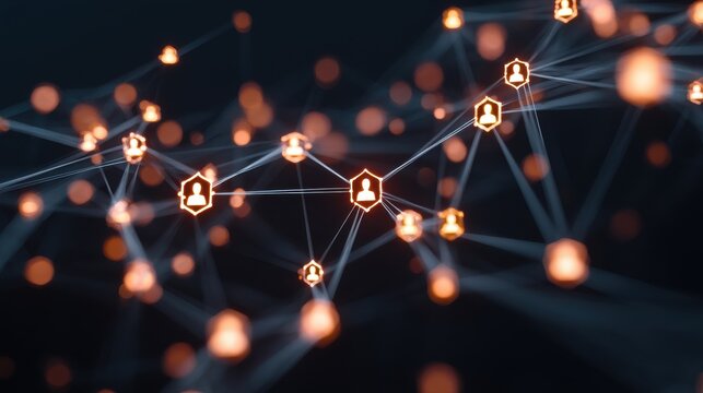 A stunning image of network connecting user icons with lines and nodes glowing in the dark.