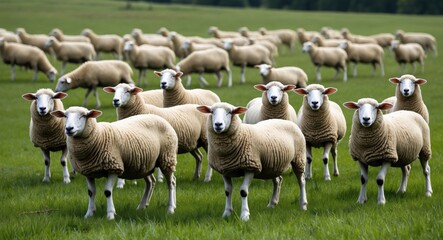 Obraz premium Flock of domestic sheep grazing on a meadow