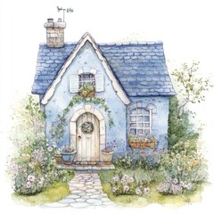 A charming blue cottage nestled amongst blooming flowers