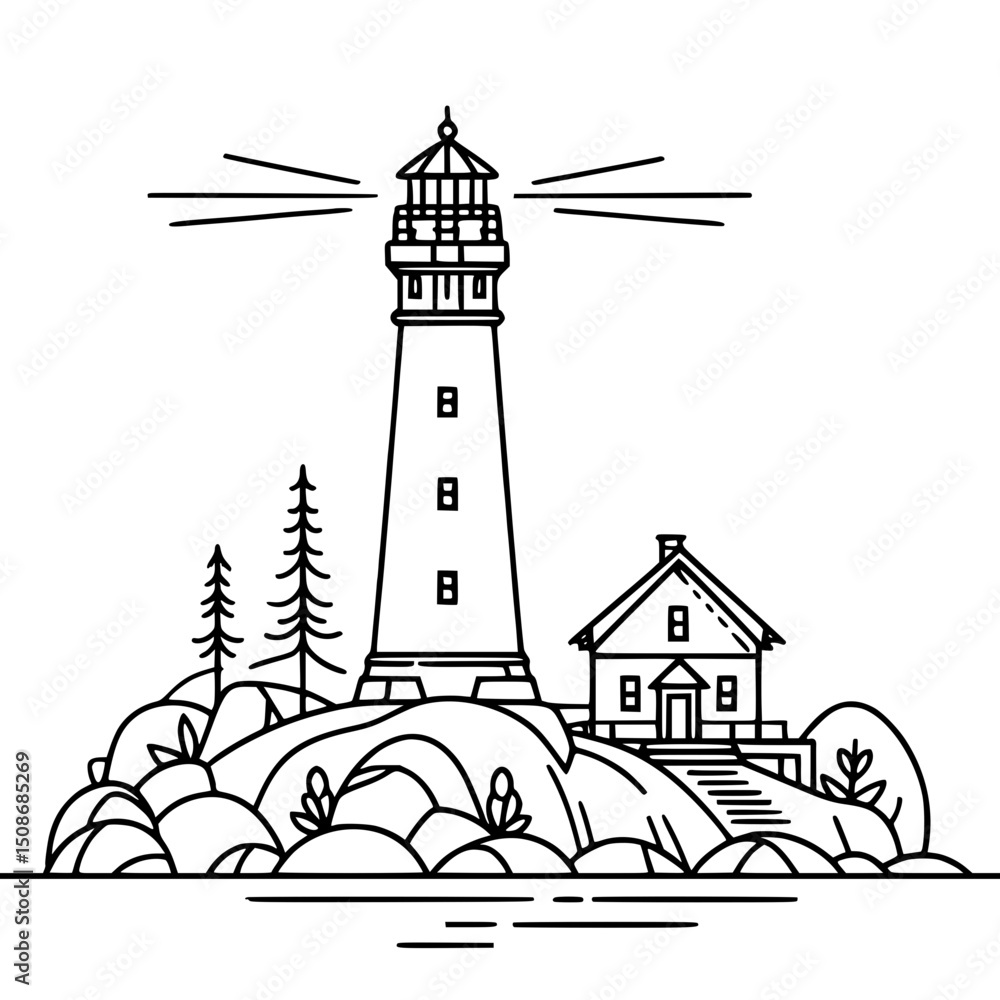Poster lighthouse with house and trees on rocky shore in single line outline vector