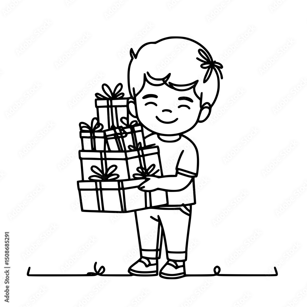 Poster young boy smiling while holding a stack of gift boxes in outline style concept of single line outlin