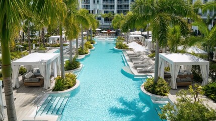 A stunning image of luxury resort pool with cabanas and lush tropical landscaping.
