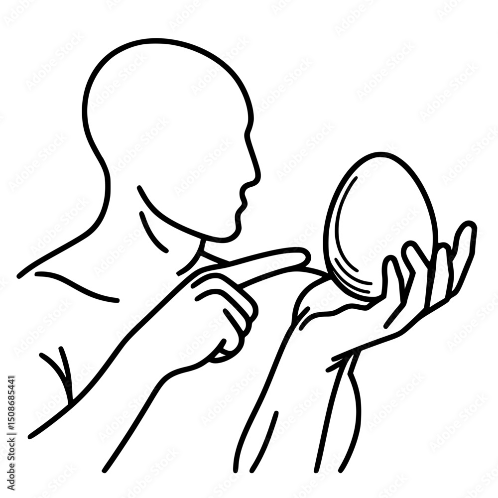 Poster outline of a person holding an egg and pointing with an index finger - concept of single line outlin