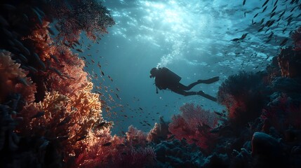 Fototapeta premium Diver exploring vibrant coral reef teeming with fish, sunlight filtering through water above