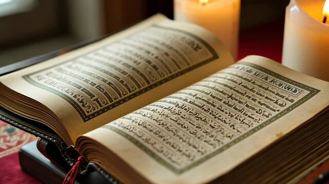 A close-up of a dusty Qur'an resting on a wooden stand, Koran pages open to a verse about sacrifice, bathed in soft candlelight. Quran.
