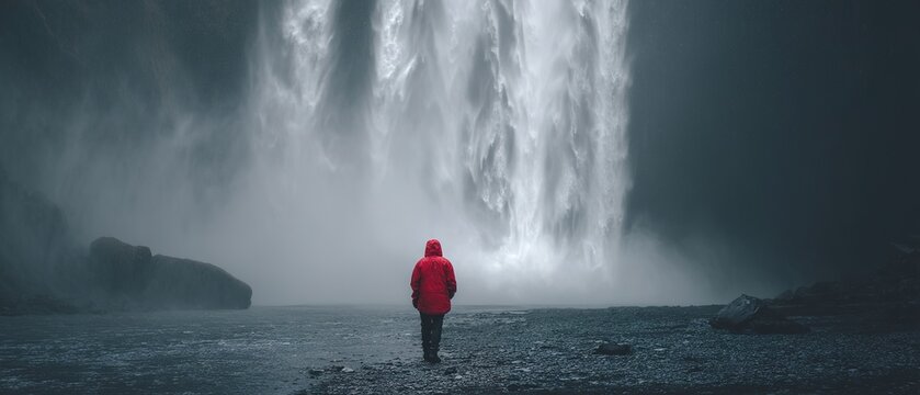 Powerful Waterfall With Red Jacket Figure In Iceland