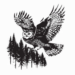 Obraz premium A majestic Owl soaring over a lush forest landscape image vector.
