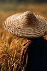 A farmer in a straw hat harvesting rice in a golden field during sunrise, with misty hills in the background