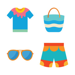Summer Collection Set Vector Illustration. Beachwear, Sunglasses, Tote Bag, and Shorts.