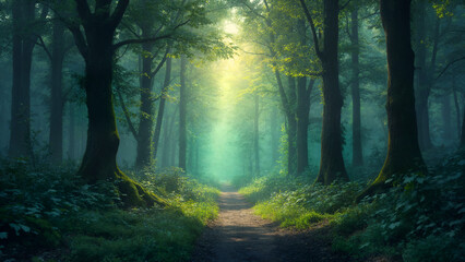 Naklejka premium forest in the morning fog