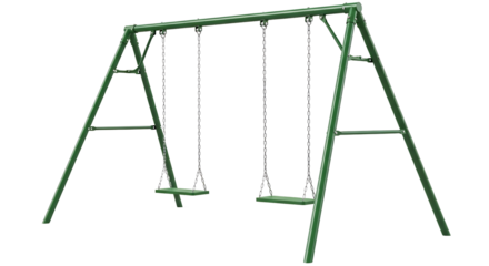 A Green Metal Swing Set with Two Seats Isolated on Transparent Background PNG