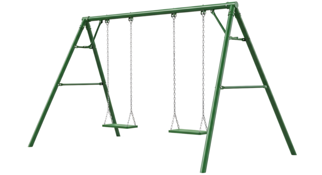 A Green Metal Swing Set with Two Seats Isolated on Transparent Background PNG