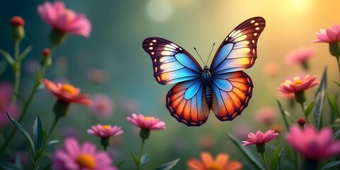 Beautiful butterfly flying over a field of flowers nature background