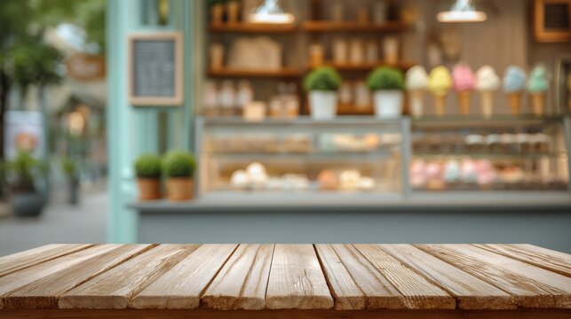 A stunning image of empty wooden table with blurred ice cream shop background.