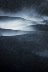 landscape with rain and hills in fog, dark 3d illustration