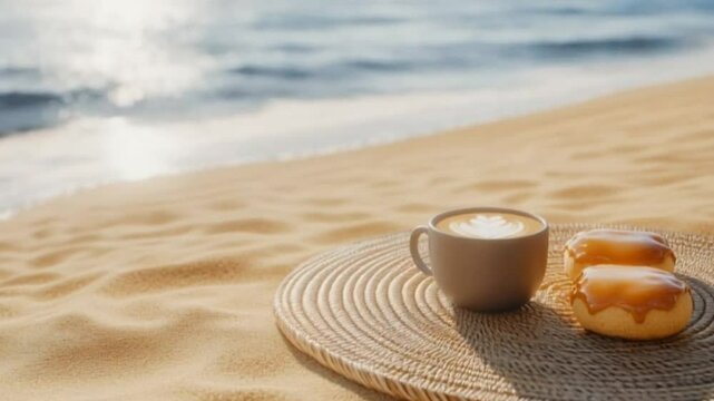 Hot coffee cup and croissant placed on beach sand with gentle ocean breeze seamless looping 4k time-lapse animation video background. Relaxation concept