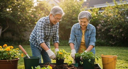 senior asian couple gardening together in a lush backyard setting