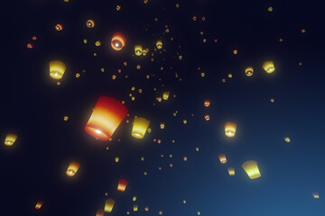 sky lanterns on the night sky, celebration background, 3d illustration