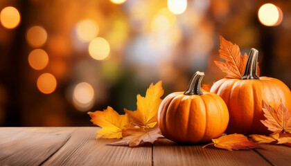 pumpkins with autumn leaves on a wooden table with bright bokeh in the background
