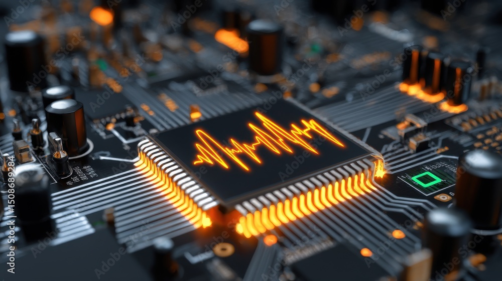 Poster a stunning image of digital circuit board close-up with orange waveform on microchip, technology bac