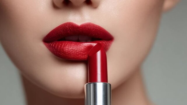 Close-Up of a Woman's Lips with Vibrant Red Lipstick Being Applied with a Silver Bullet Lipstick Tube