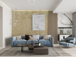 Mock up of a comfortable functional living room with a stylish modern sofa and trendy decorative background, 3D rendering.