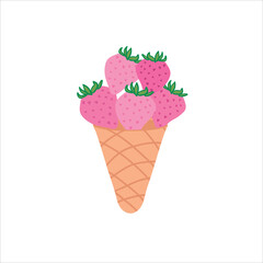 Flat minimal pink strawberry ice cream cone clipart, colorful vector ideal for greeting cards, product packaging, and children's content.