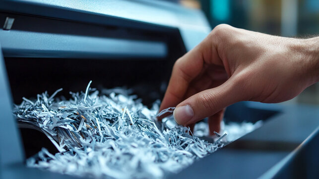 Hand reaches into paper shredder filled with shredded documents in an office setting during the day