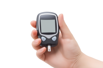 Hand holding glucose meter isolated on white background